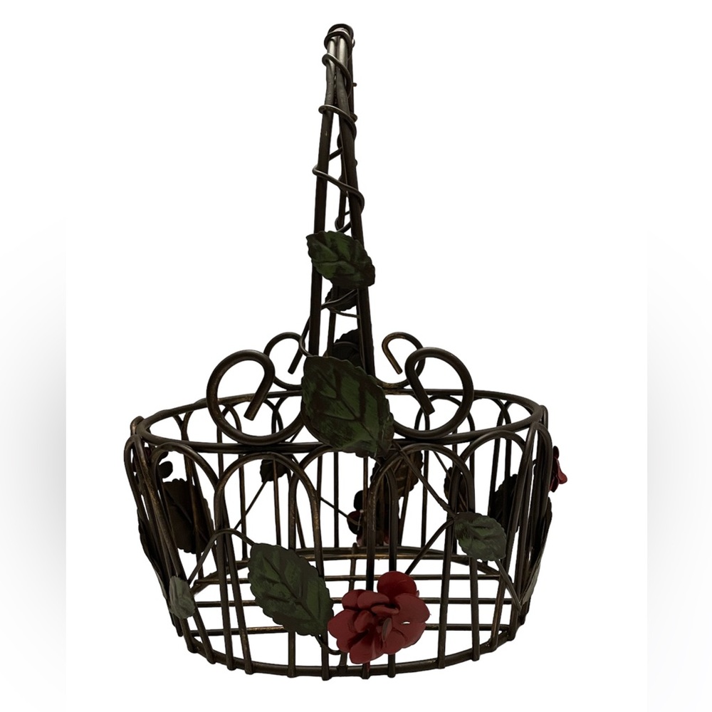 Artistic Metal Work Basket With Rose Appliqué 6” x 4.5” x 10” High MCM Vintage